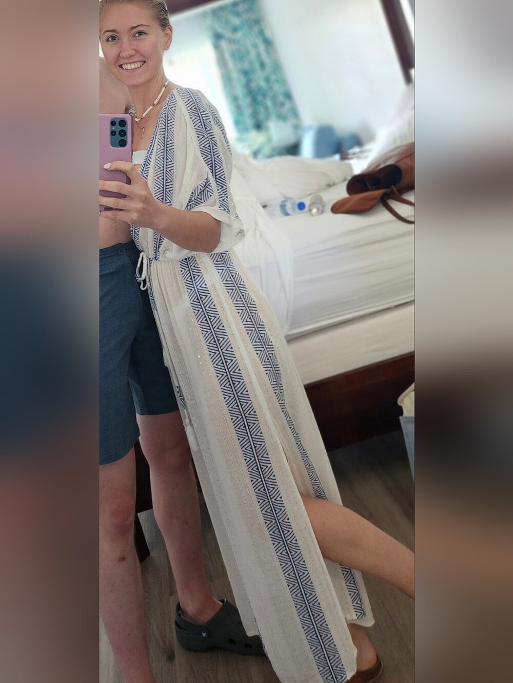 blue island White Swimsuit Cover with Navy Geometric Print
